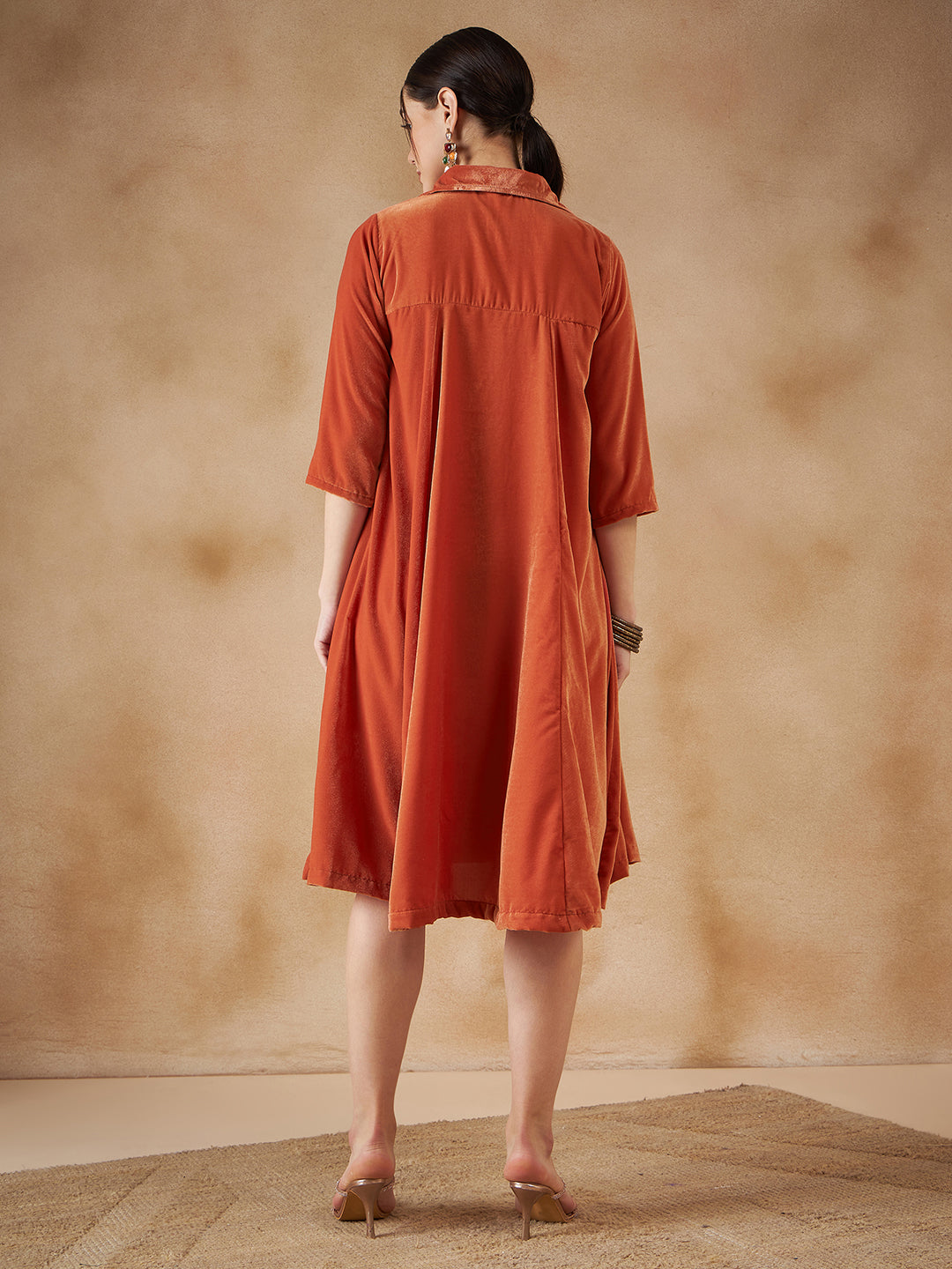 Rust Velvet Collared Neck Flared Midi Dress - InWeave Rust Velvet Collared Neck Flared Midi Dress - InWeave