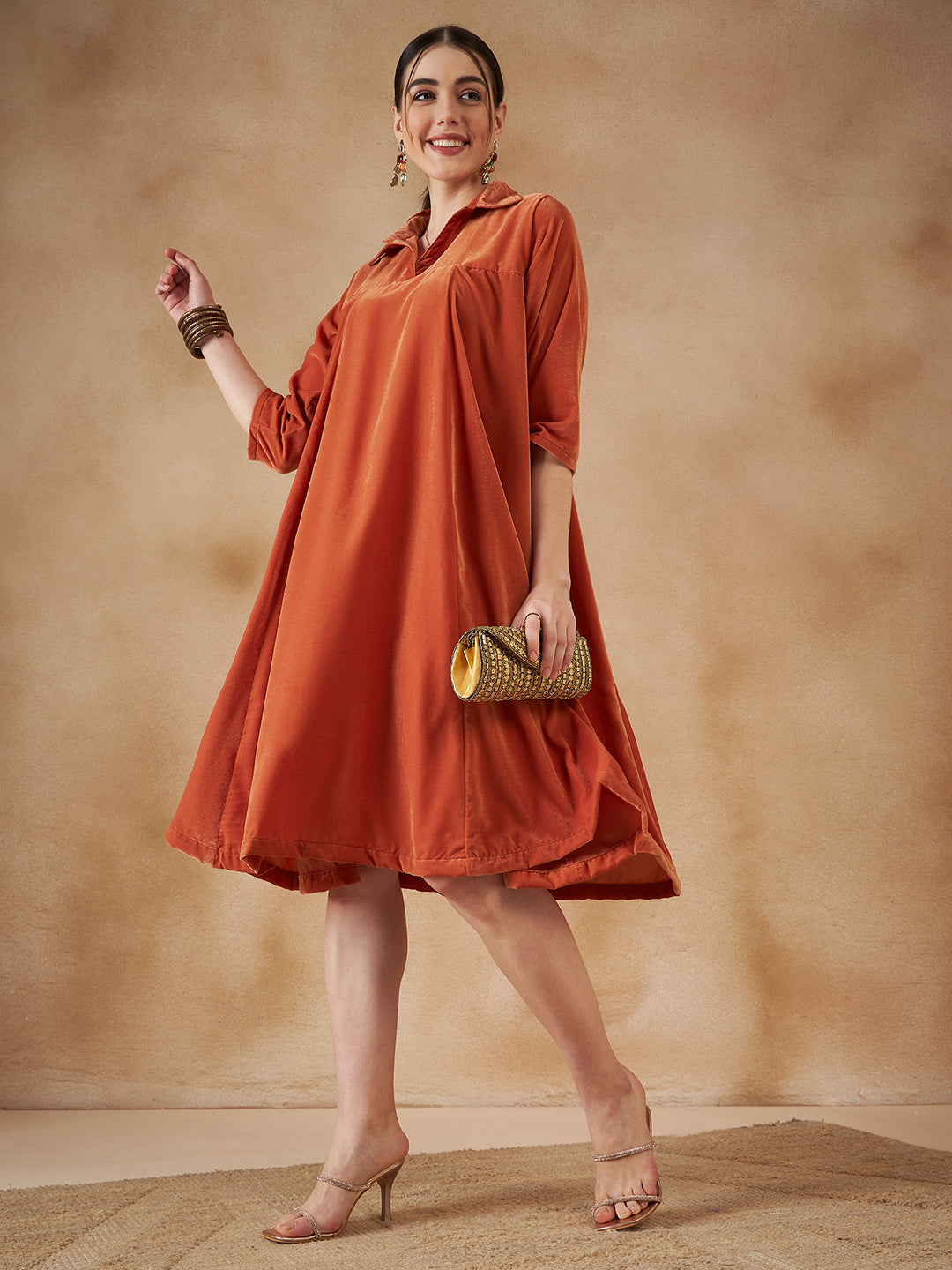 Rust Velvet Collared Neck Flared Midi Dress - InWeave Rust Velvet Collared Neck Flared Midi Dress - InWeave