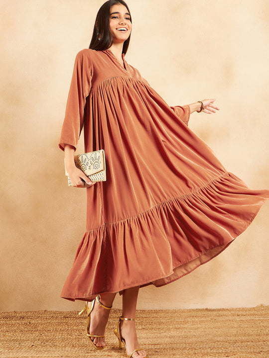 Rust Velvet Manderia V Neck Flared Dress