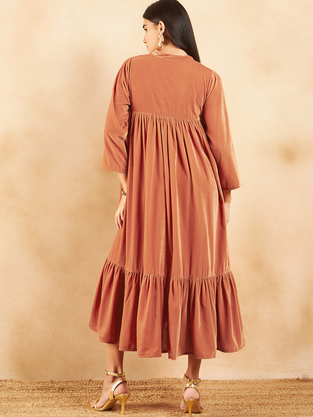 Rust Velvet Manderia V Neck Flared Dress