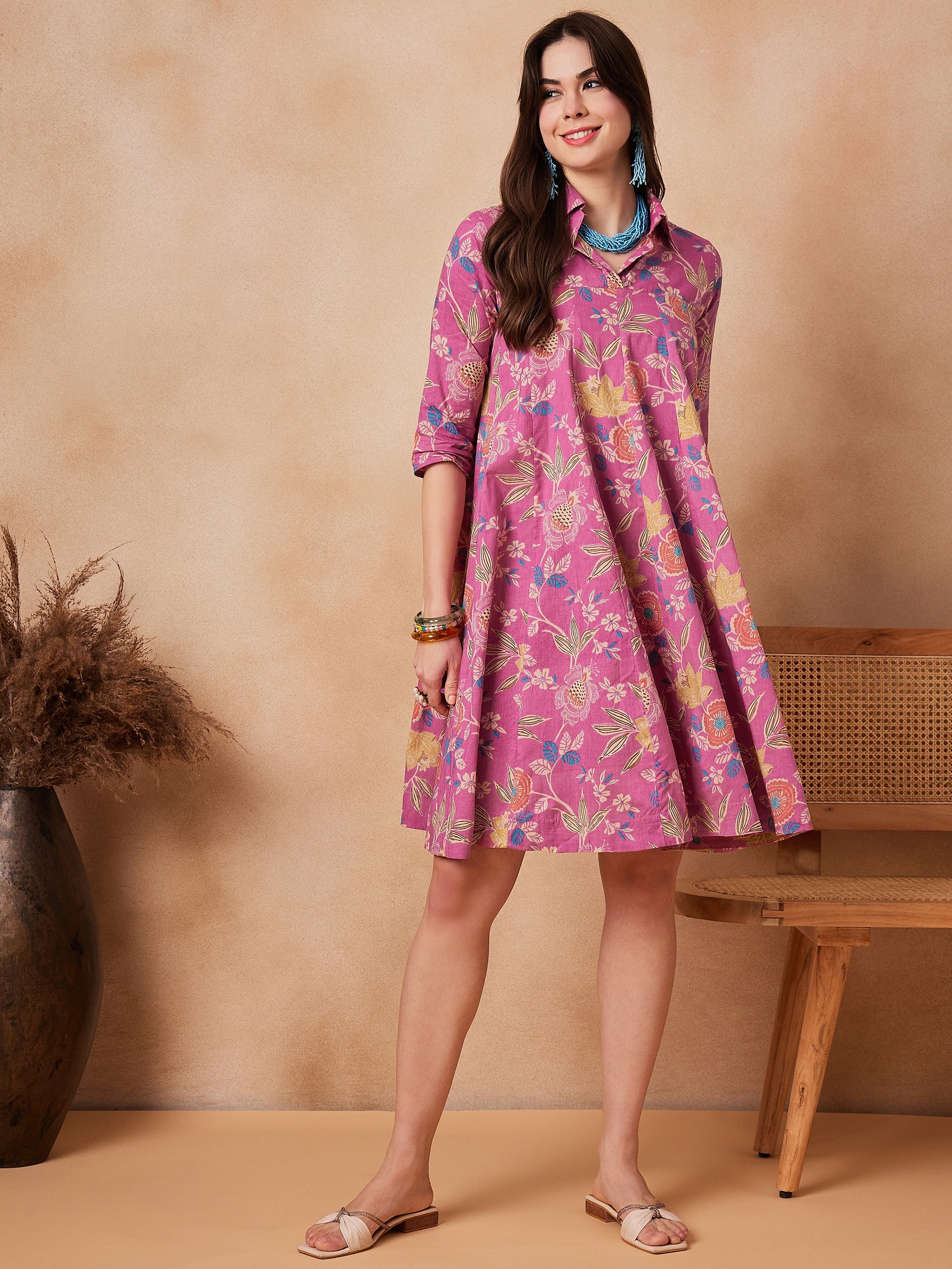 Dull Pink Floral Printed Flared Dress