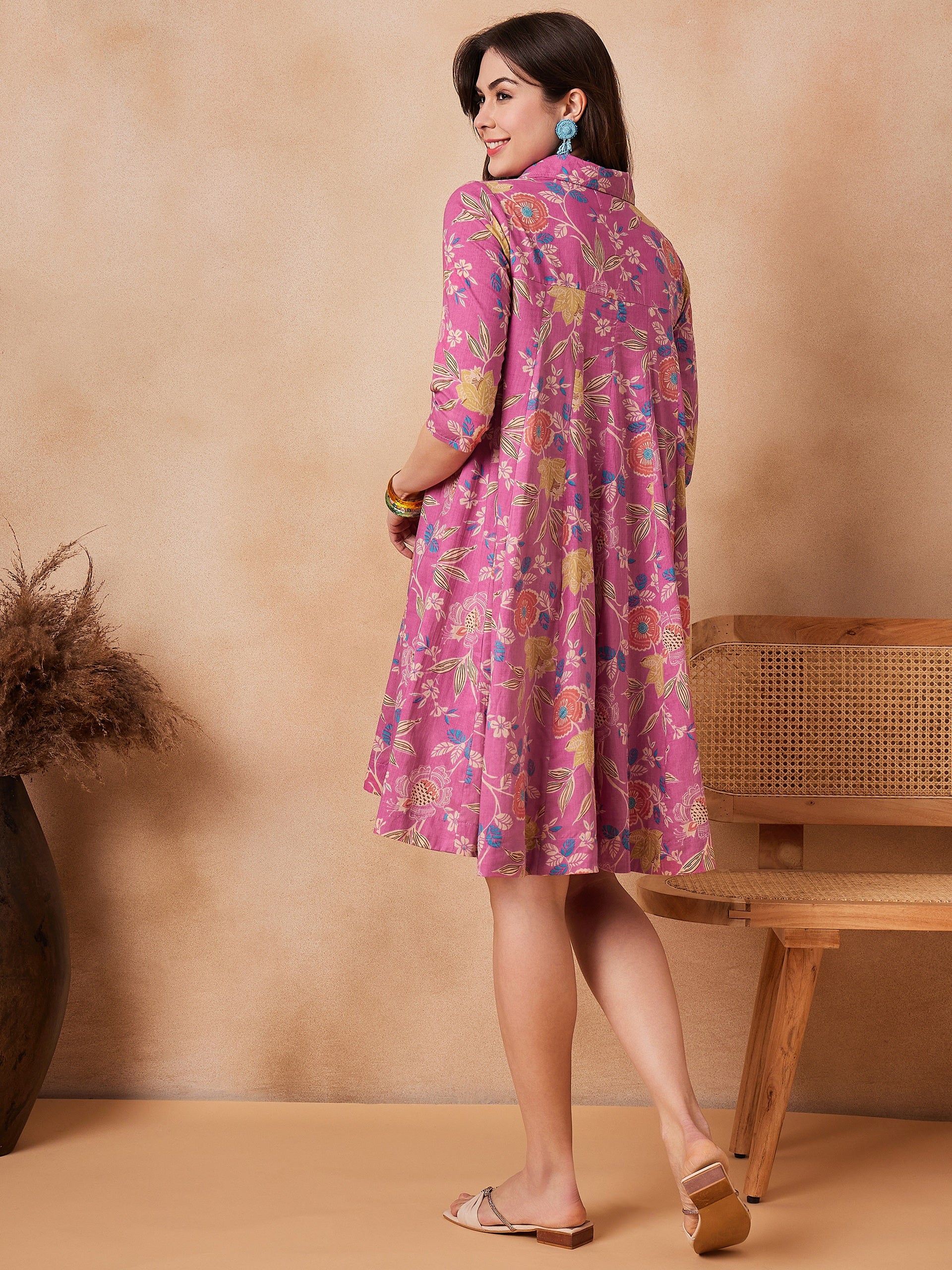 Dull Pink Floral Printed Flared Dress