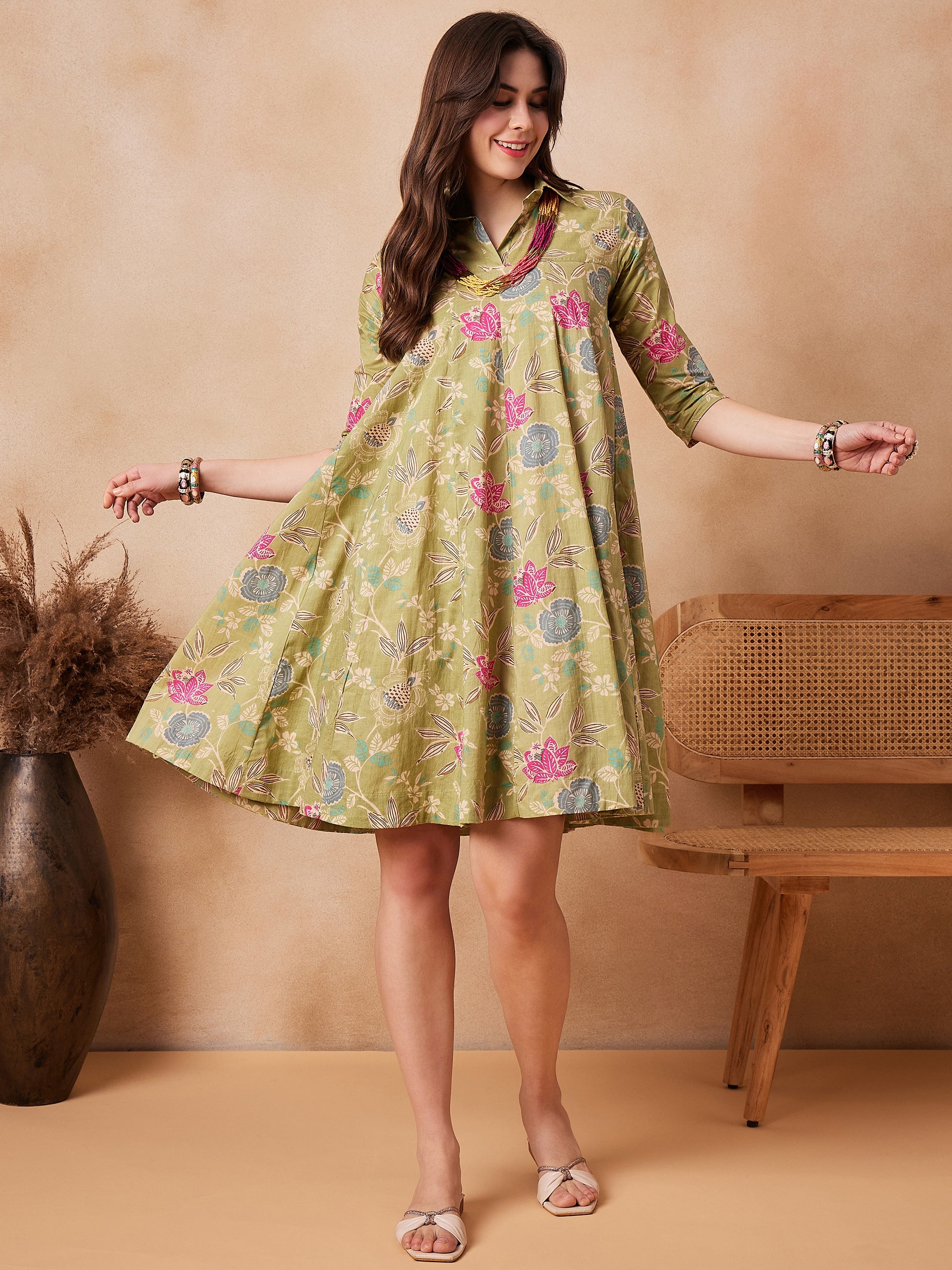 Light Lime Green Floral Printed Flared Dress