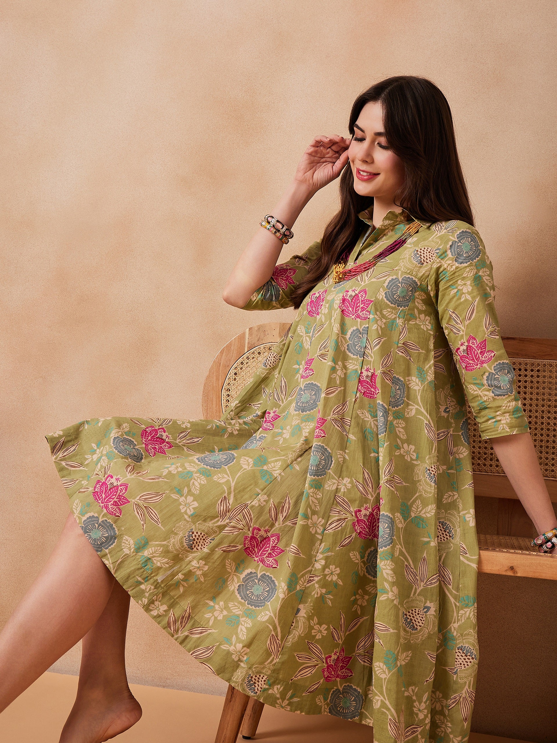 Light Lime Green Floral Printed Flared Dress