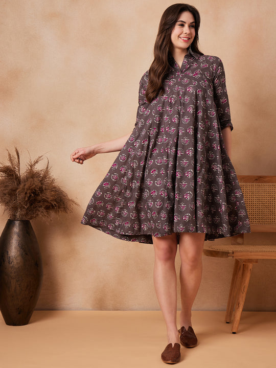 Iron Grey Floral Boota Print Flared Dress