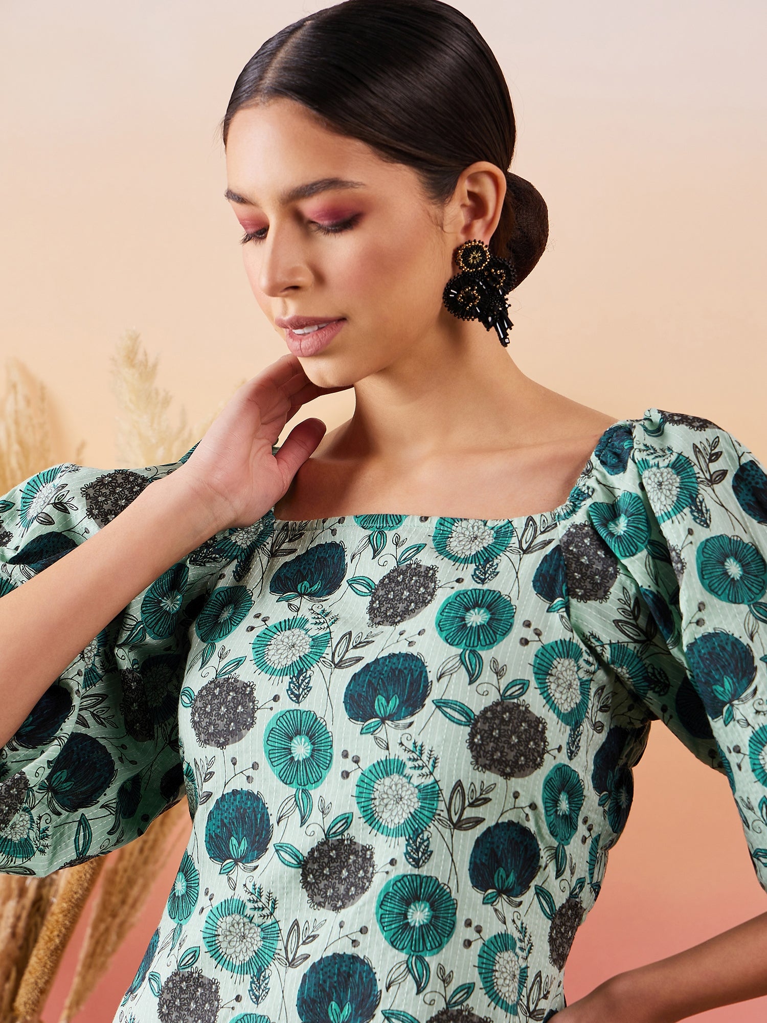 Arctic Blue Kantha Print Bishap Seleeve Back Detail Dress