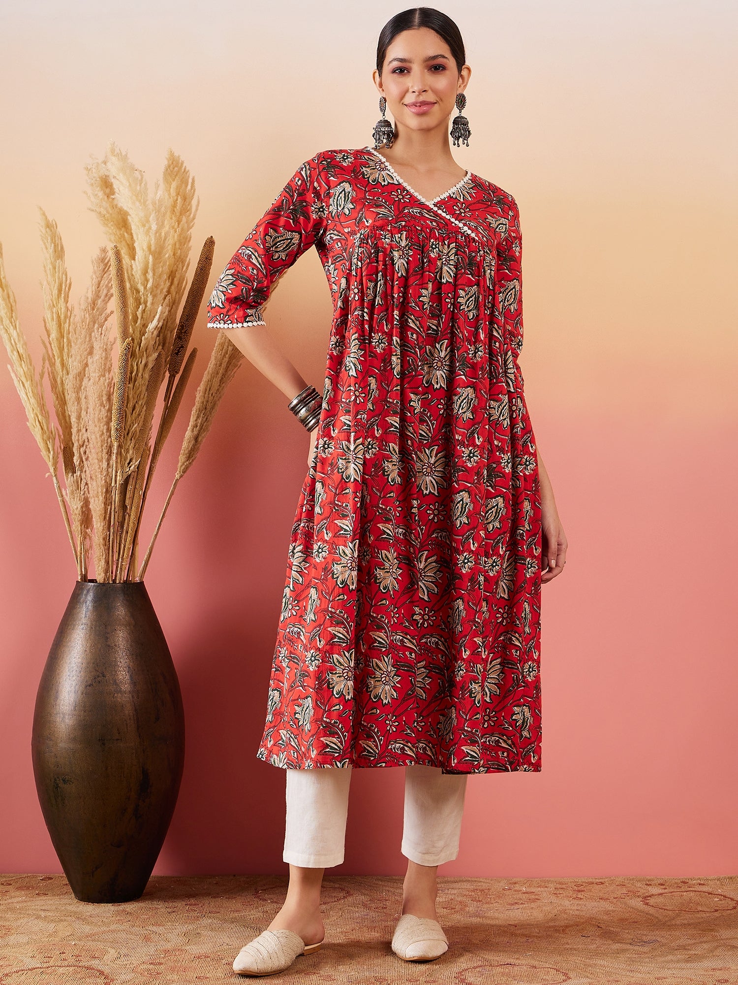 Vermillion Red Floral Print Angrakhaa V Neck Lace Dress