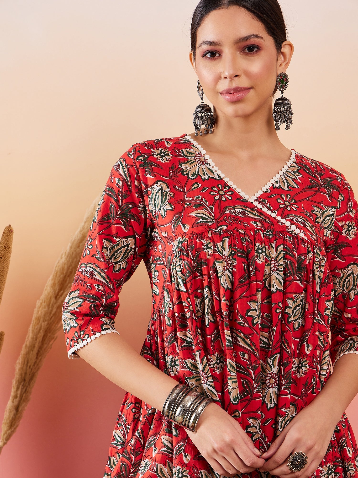 Vermillion Red Floral Print Angrakhaa V Neck Lace Dress