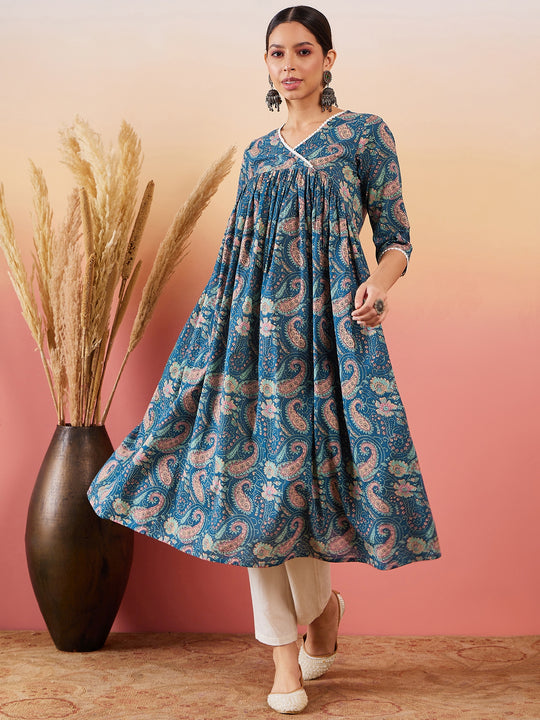 Navy Teal Paisley Print Angrakhaa V Neck Lace Dress