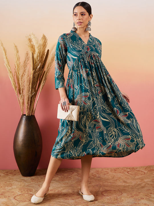 Teal Beige Red Print Deep V Neck Flared Dress