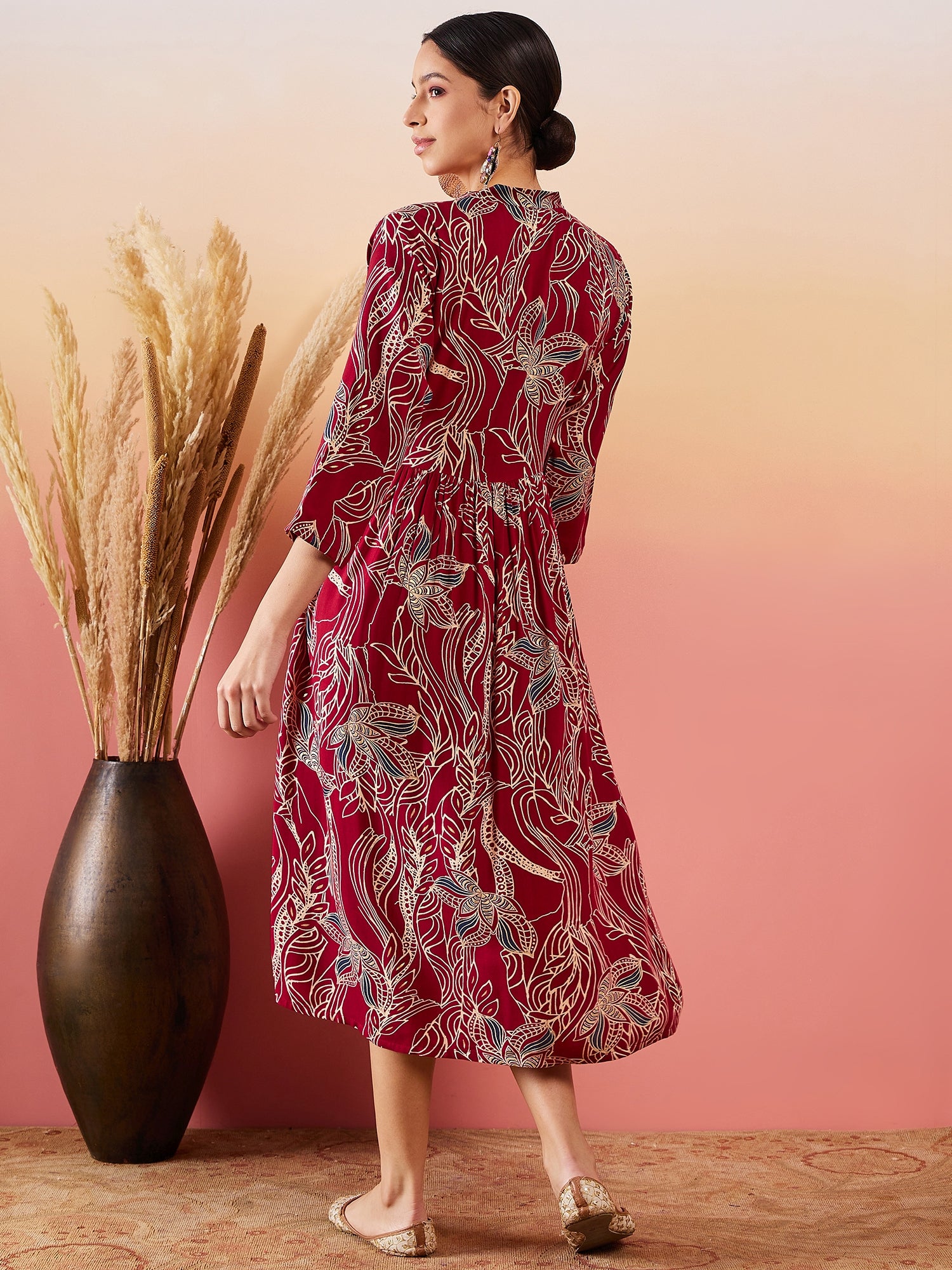 Maroon Beige Blue Print Deep V Neck Flared Dress - InWeave Maroon Beige Blue Print Deep V Neck Flared Dress - InWeave