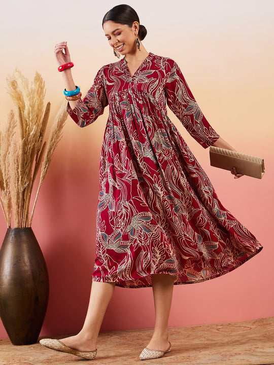 Maroon Beige Blue Print Deep V Neck Flared Dress