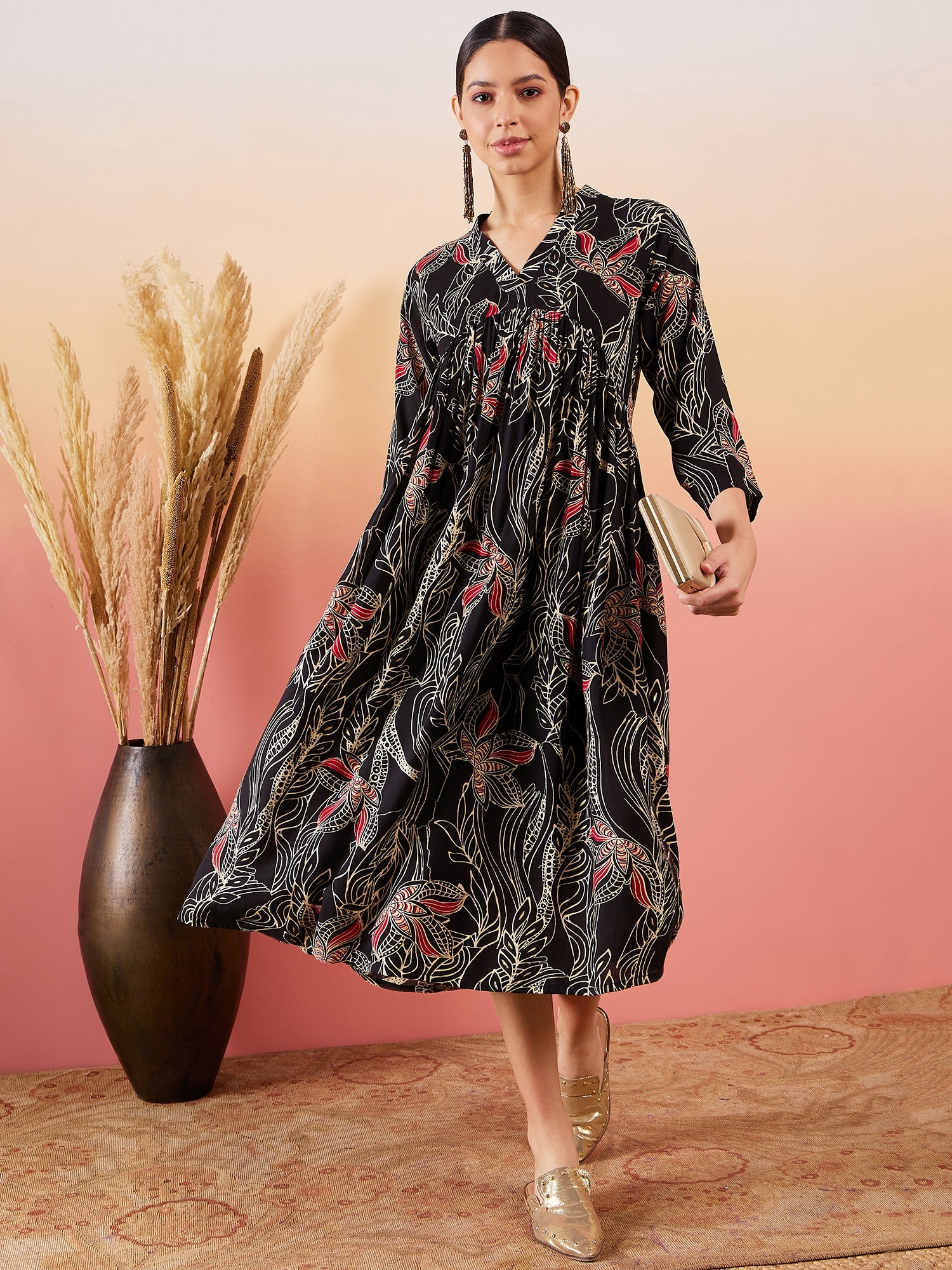 Black Beige Red Print Deep V Neck Flared Dress - InWeave Black Beige Red Print Deep V Neck Flared Dress - InWeave