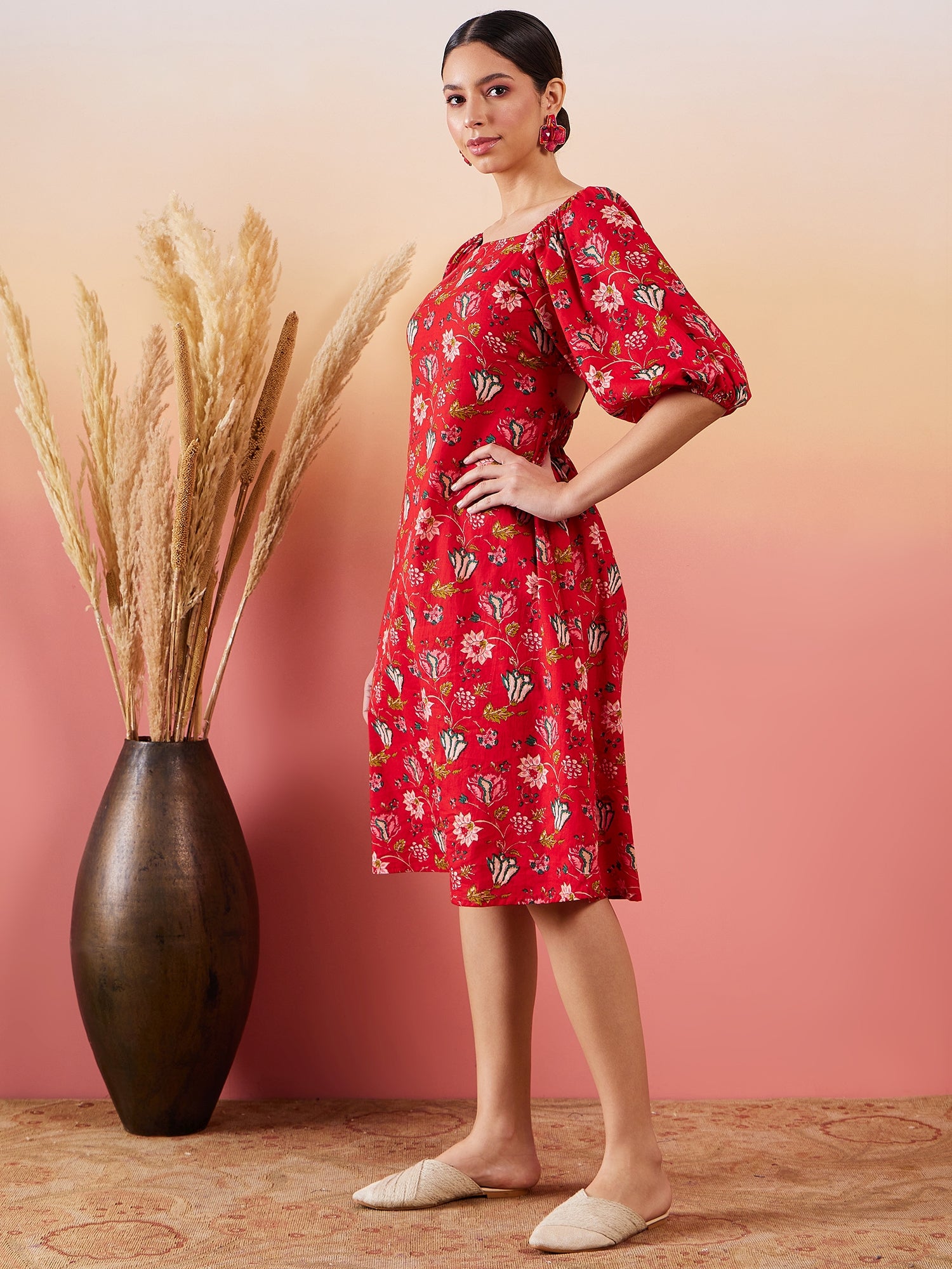 Red Floral Print Bishap Seleeve Back Detail Dress