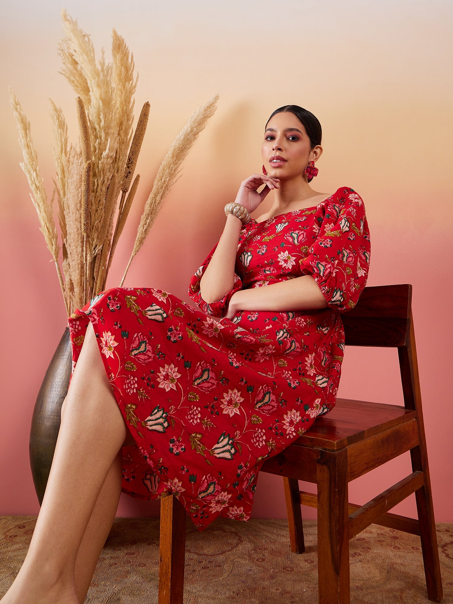 Red Floral Print Bishap Seleeve Back Detail Dress