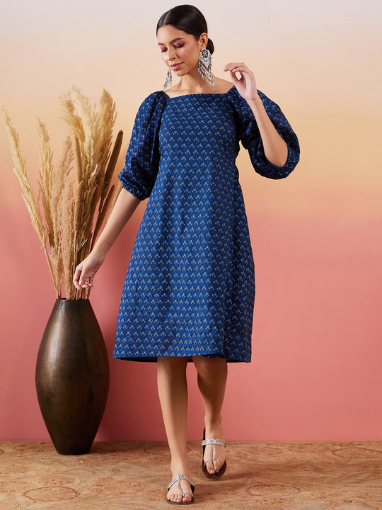 Navy Small Boota Print Bishop Sleeve Back Detail Dress
