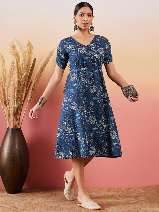 Indigo Floral Print Angrakhaa V Neck Belted A Line Dress