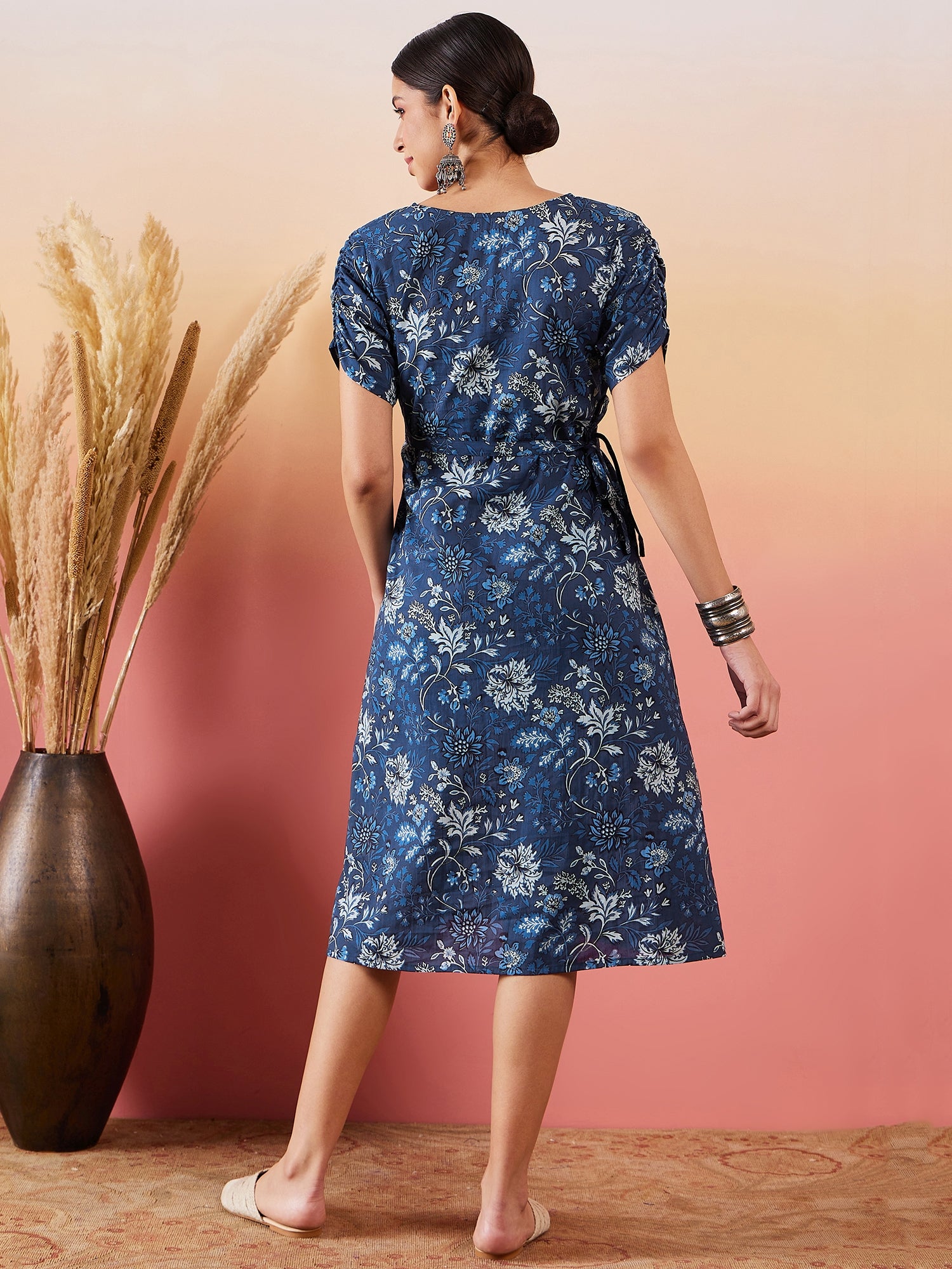Indigo Floral Print Angrakhaa V Neck Belted A Line Dress - InWeave Indigo Floral Print Angrakhaa V Neck Belted A Line Dress - InWeave