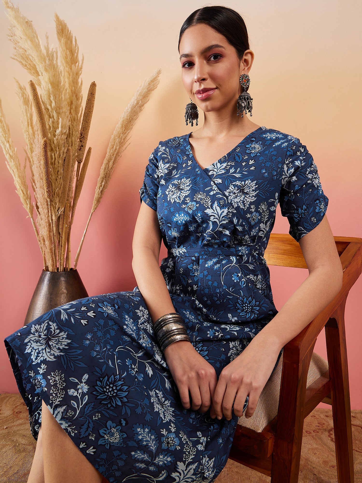 Indigo Floral Print Angrakhaa V Neck Belted A Line Dress - InWeave Indigo Floral Print Angrakhaa V Neck Belted A Line Dress - InWeave