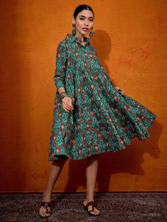 Aqua Pearl Abstract Print Flared Dress