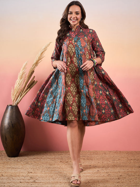 Coral Abstract Print Collar Multi Kalidar Flared Dress