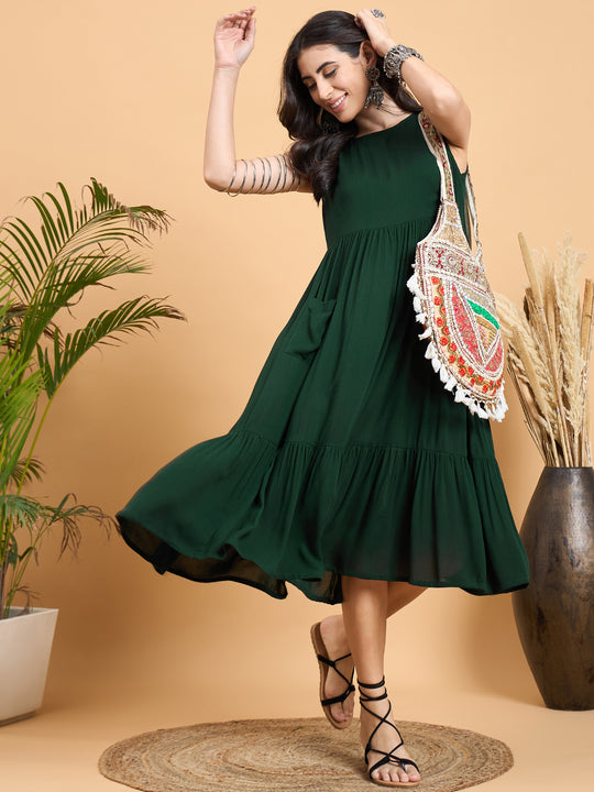 Dark Green Solid Front Pocket W/S Dress