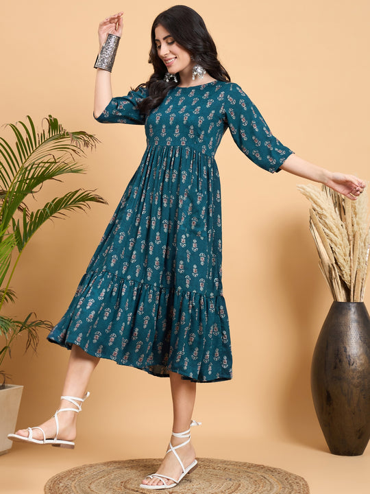 Teal Booti Rapid Print Front Pocket Sleeve Dress