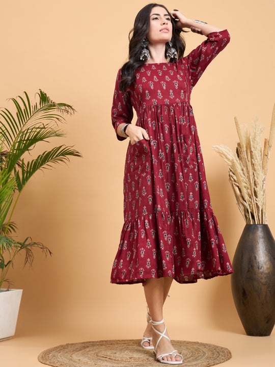 Maroon Booti Rapid Print Front Pocket Sleeve Dress