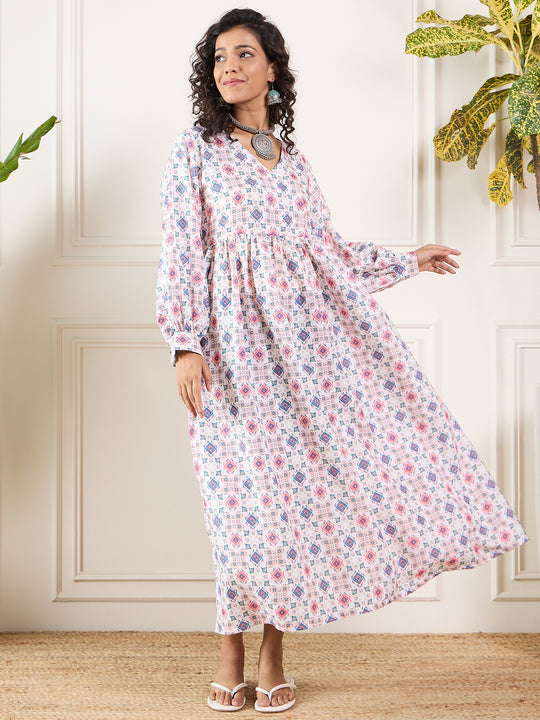 White Teal Pink Ikkat Print V Neck Cuff Sleeve Long Dress