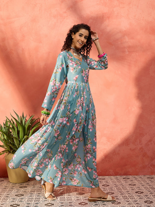 Ocean Green Tulip Floral Sweetheart Neck Dress