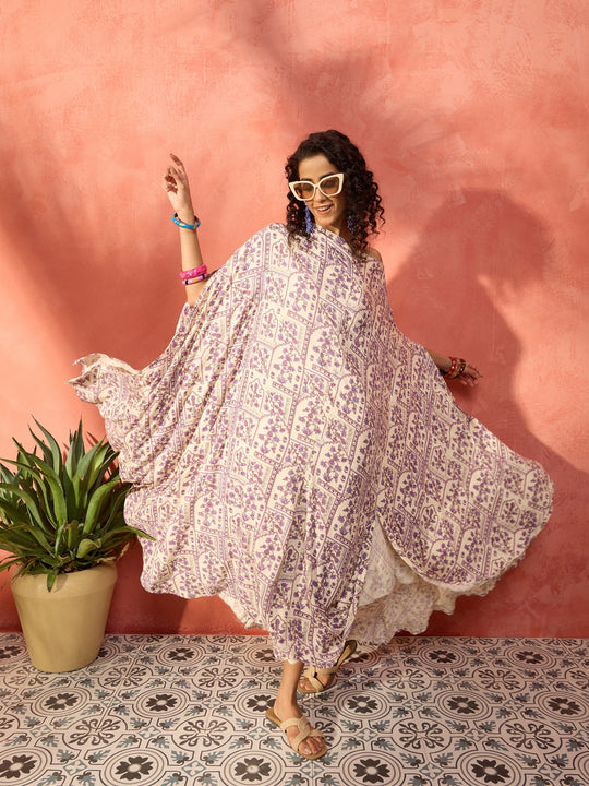 Mauve Ethnic Window Floral Cowl Kaftan