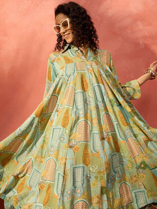 Pear Green Window Floral Flared Collar Dress