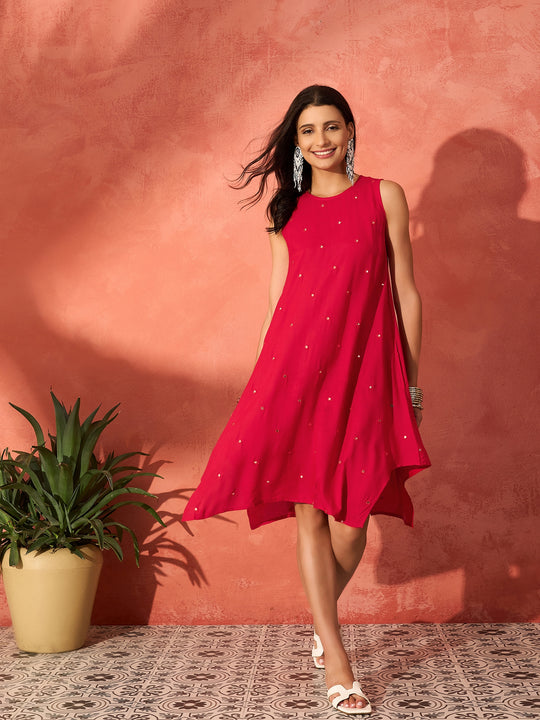 Red Mirror Work Round Neck Sleeveless Dress