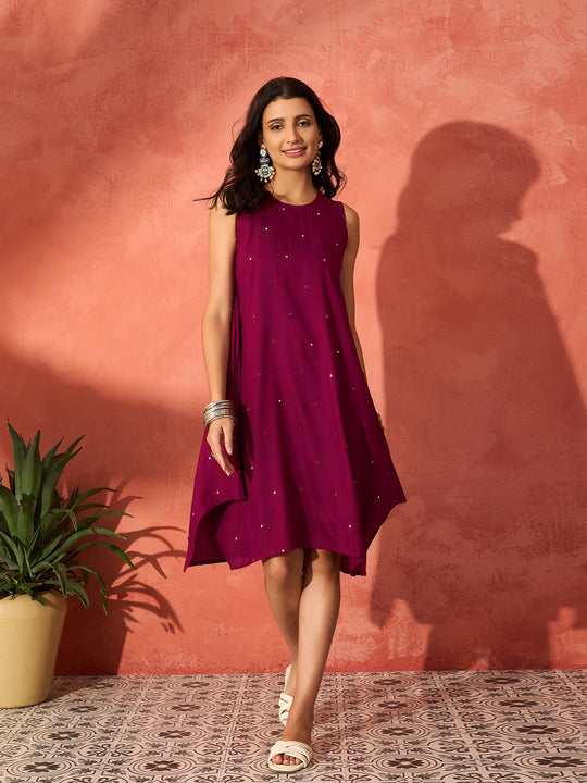 Wine Mirror Work Round Neck Sleeveless Dress