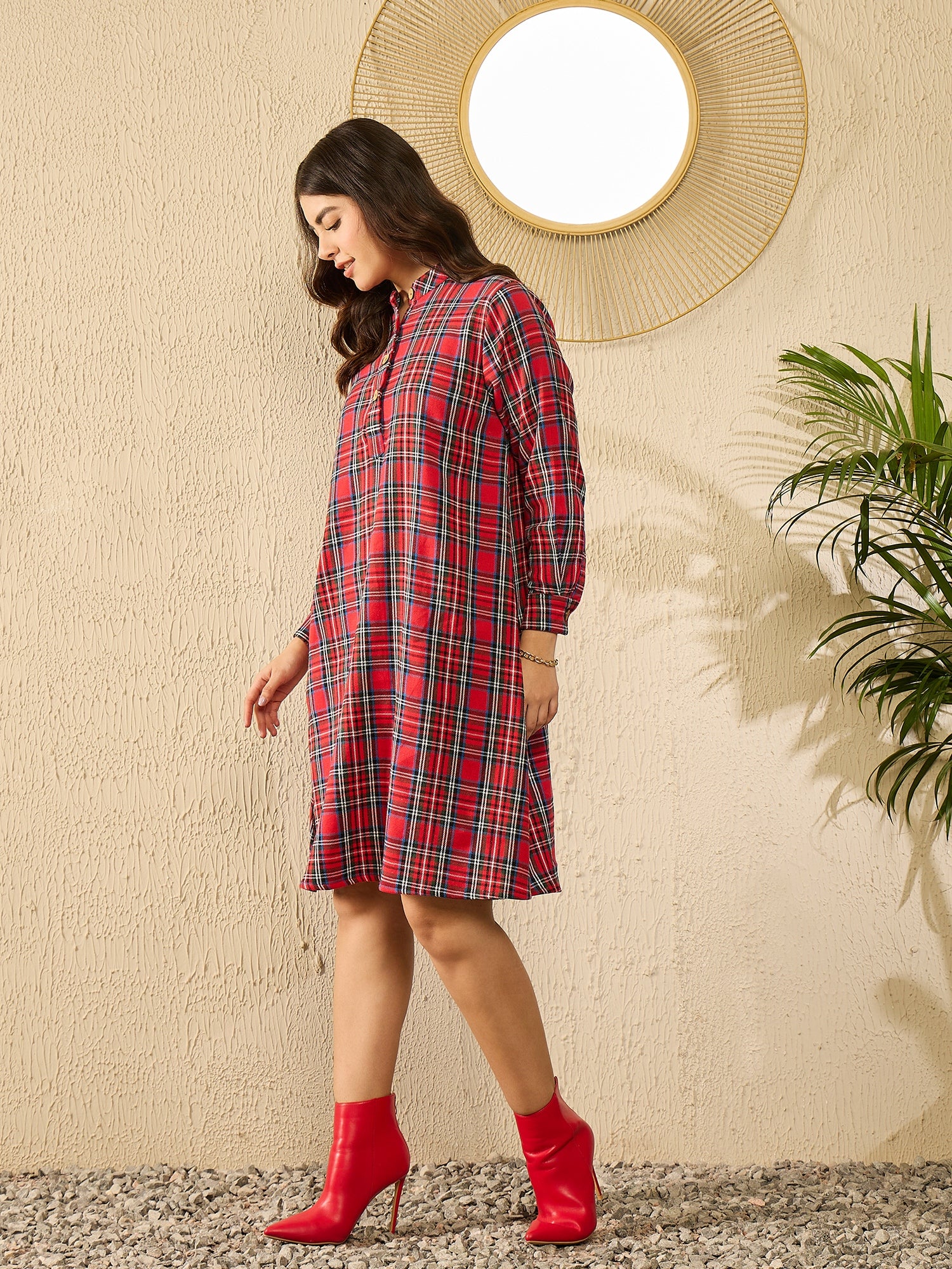 Red Green Check Mandarin Button Neck Dress Red Green Check Mandarin Button Neck Dress