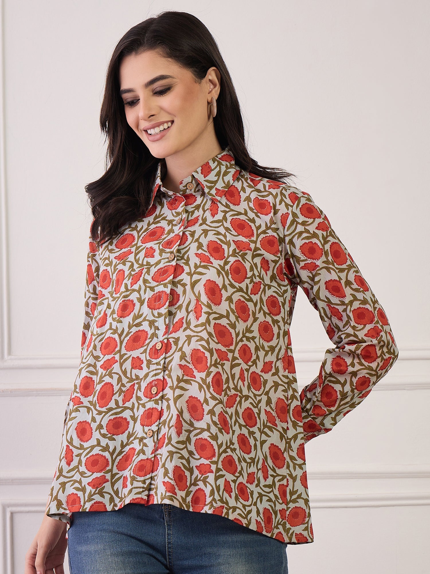 Orange Floral Green Jaal Collar Shirt