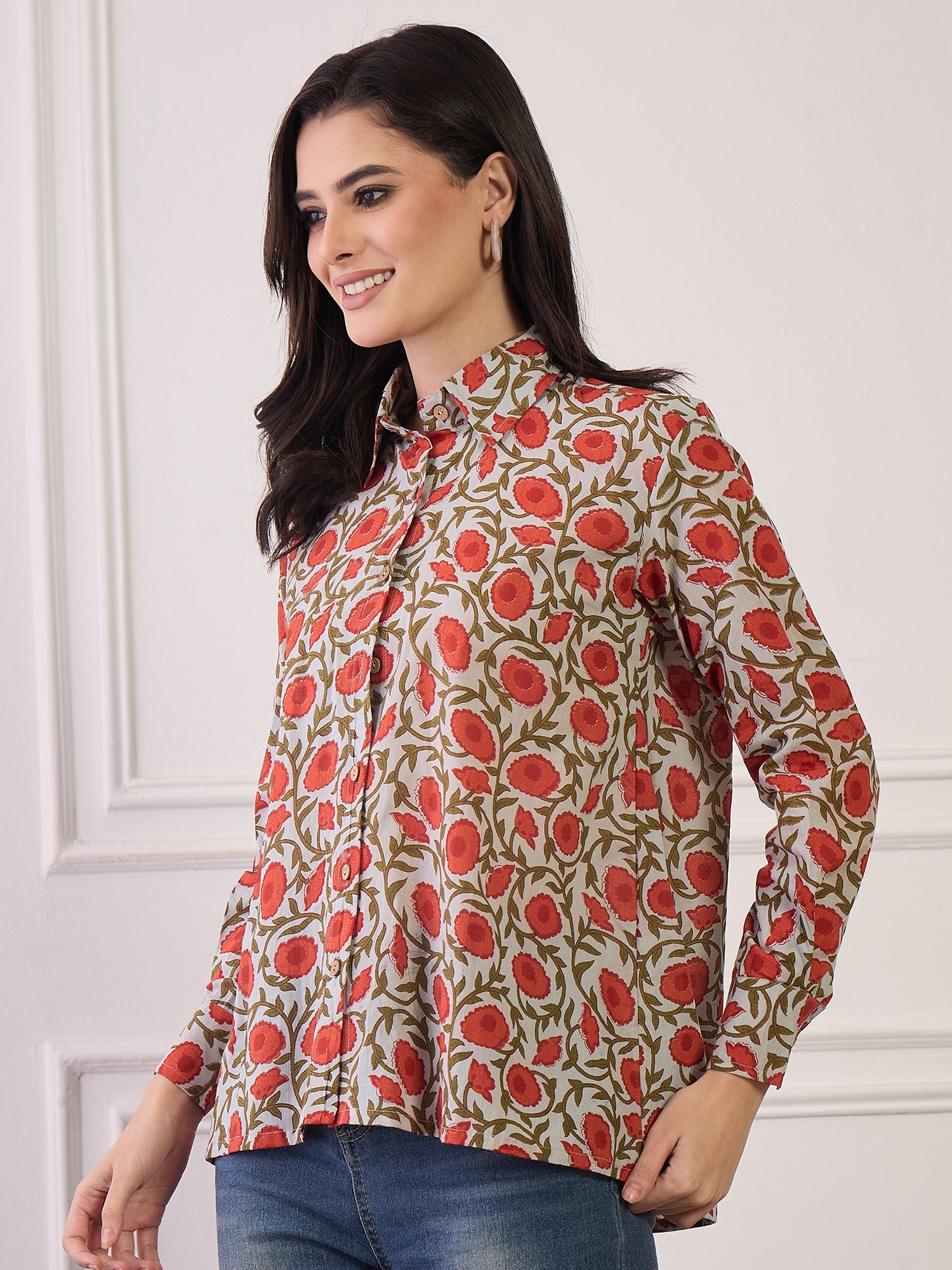 Orange Floral Green Jaal Collar Shirt