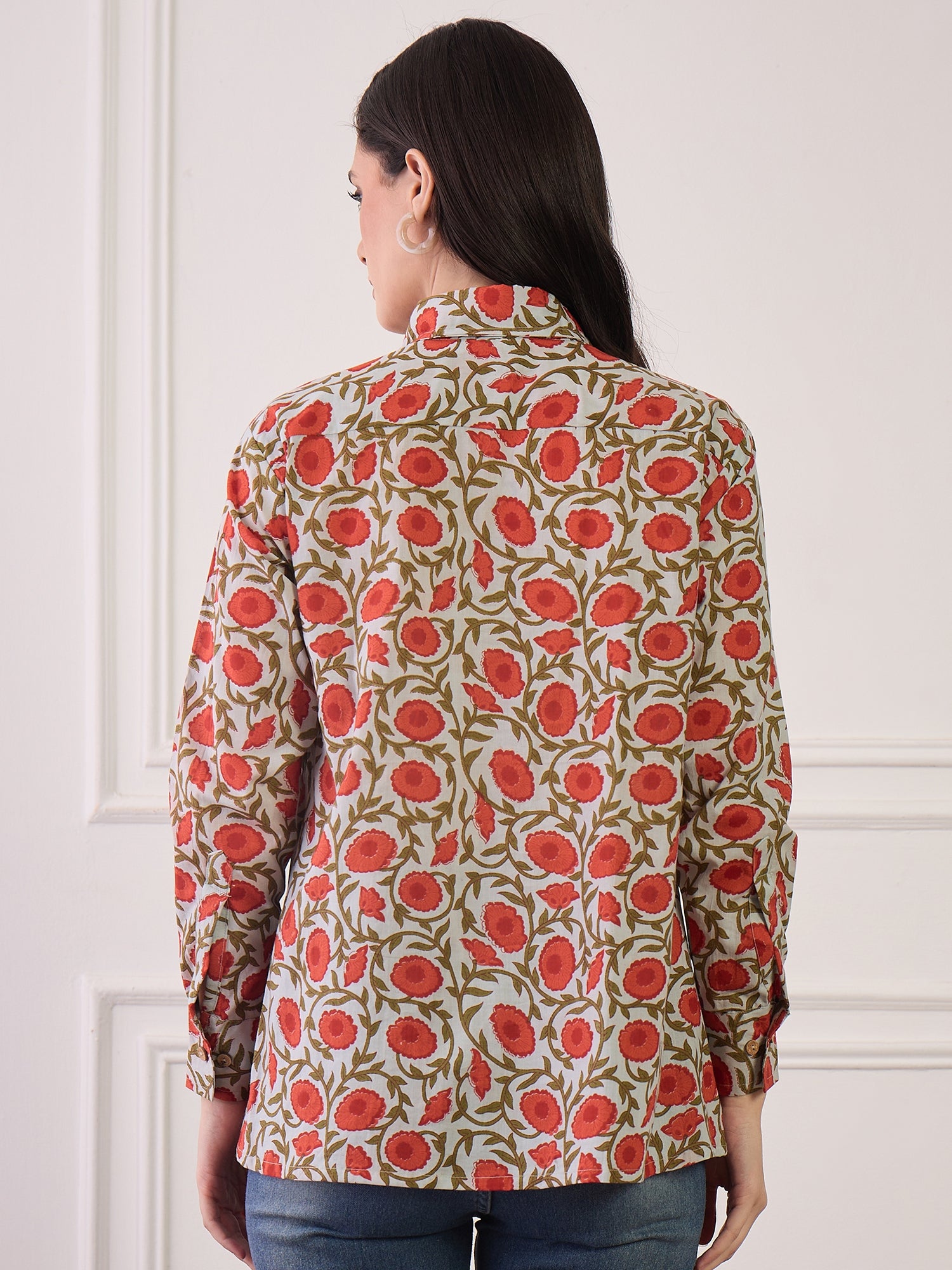 Orange Floral Green Jaal Collar Shirt