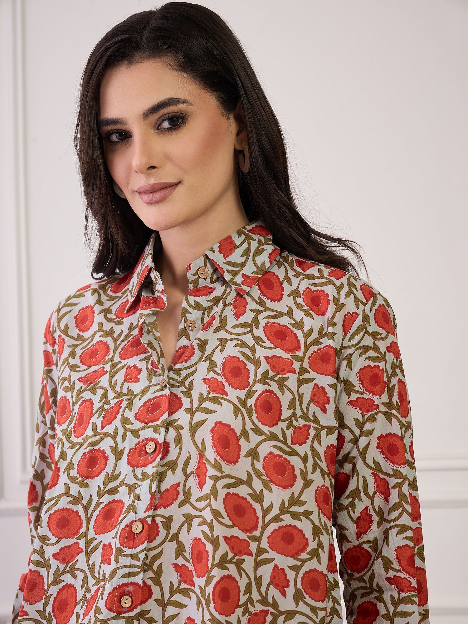 Orange Floral Green Jaal Collar Shirt