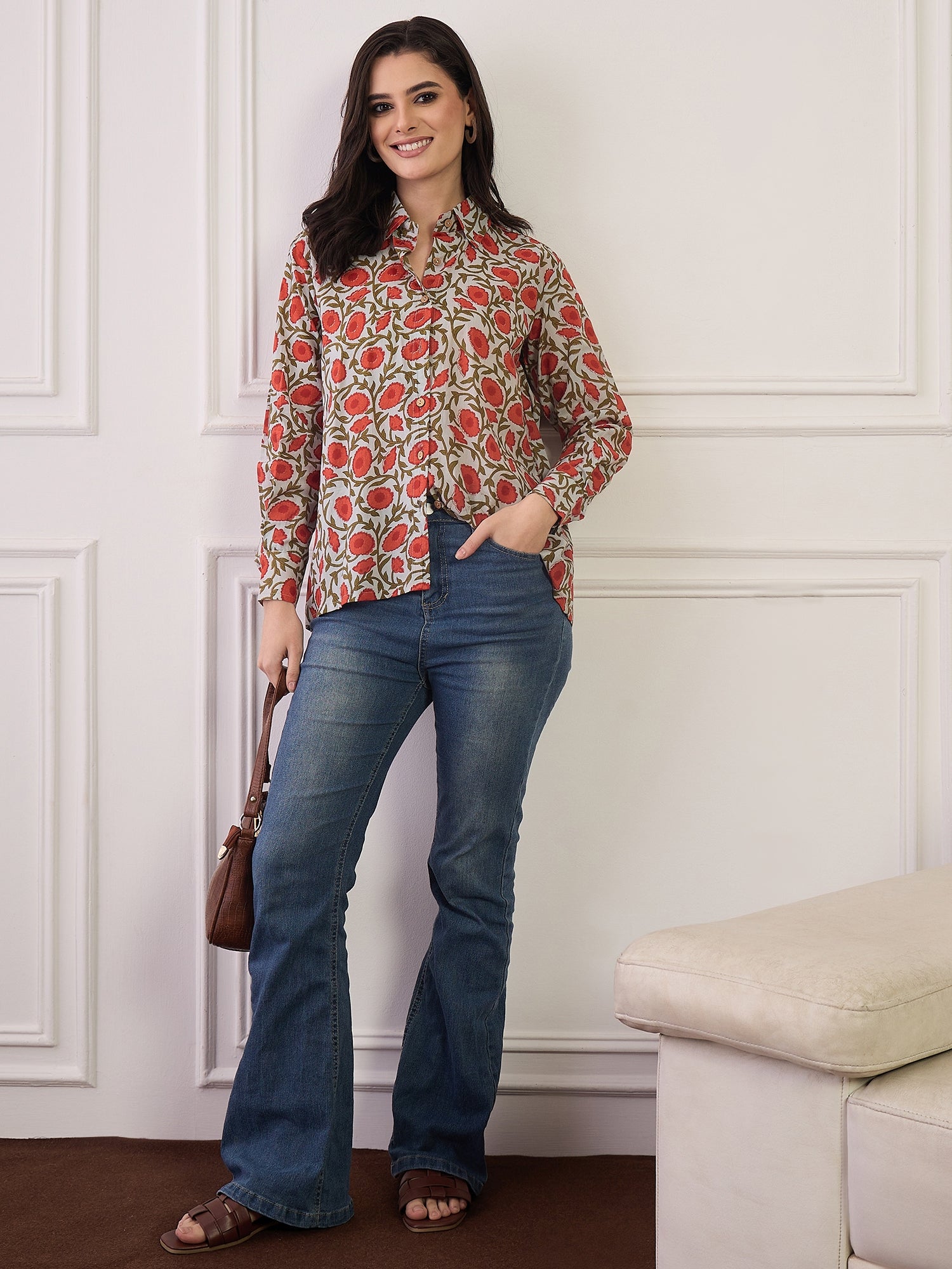 Orange Floral Green Jaal Collar Shirt