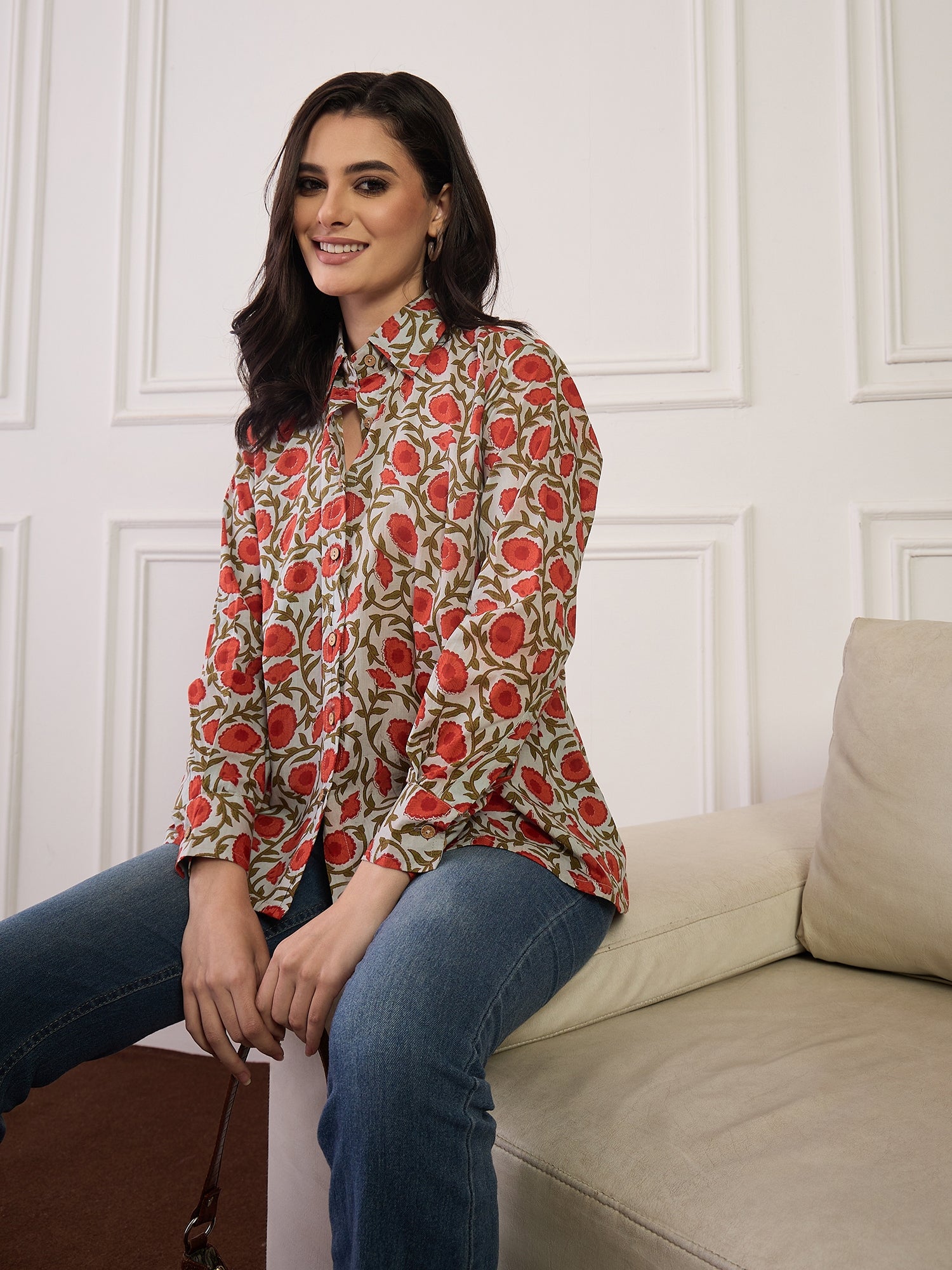 Orange Floral Green Jaal Collar Shirt