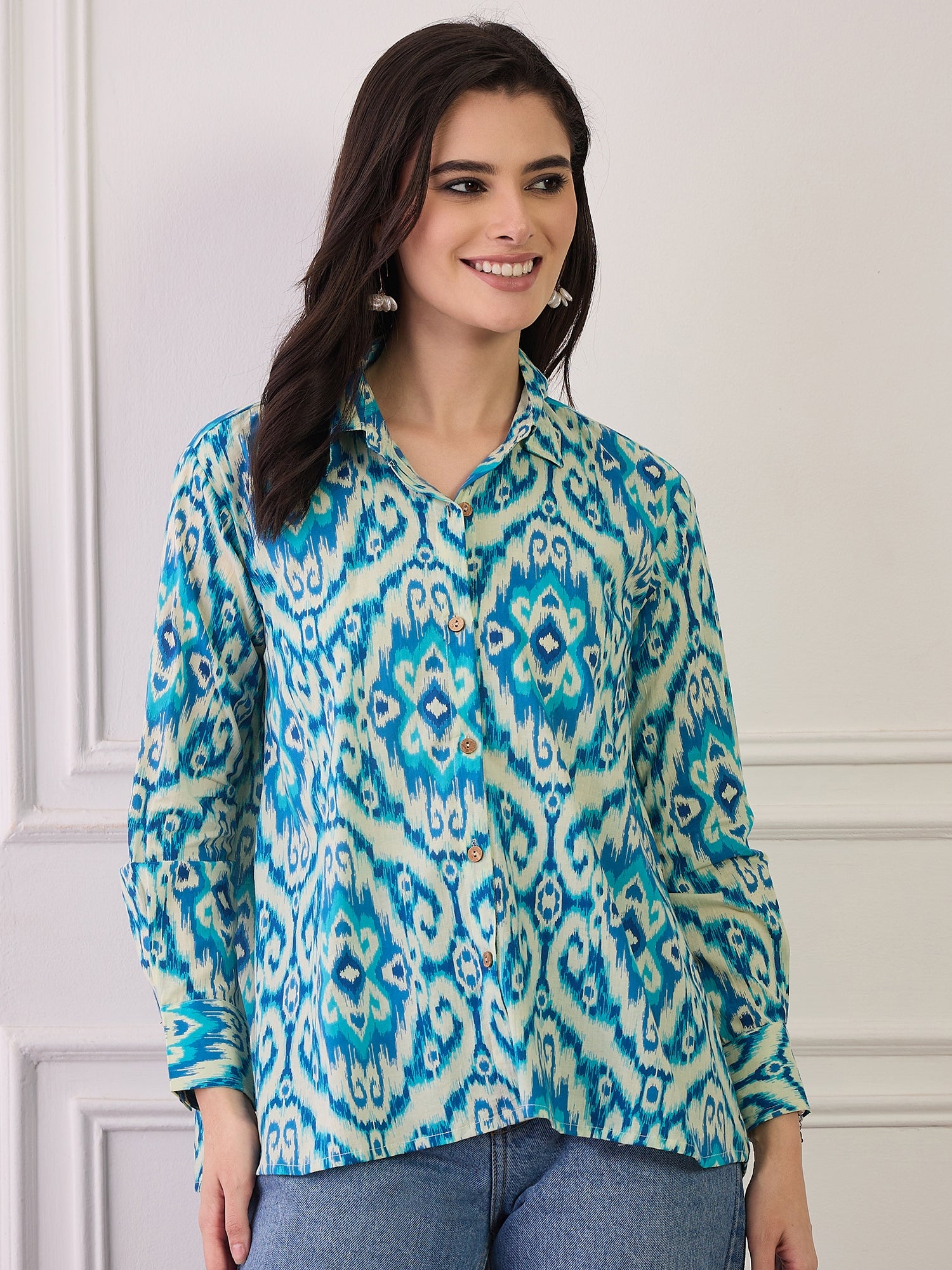 Cream Blue Ikkat Print Collar Shirt