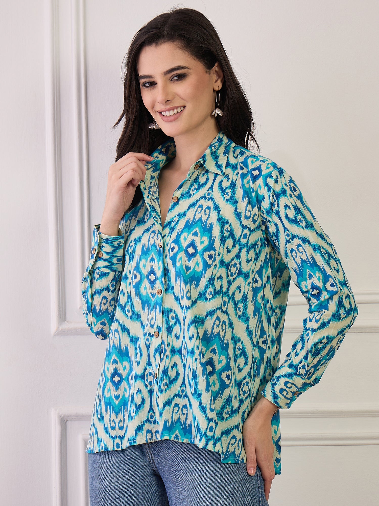 Cream Blue Ikkat Print Collar Shirt