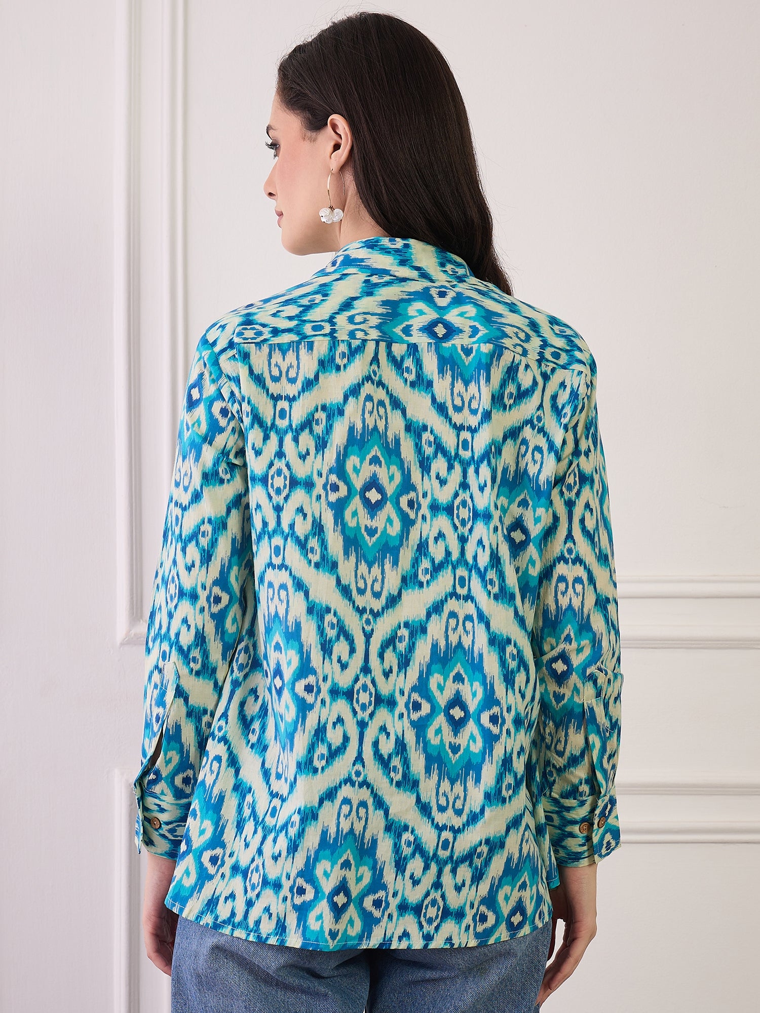 Cream Blue Ikkat Print Collar Shirt