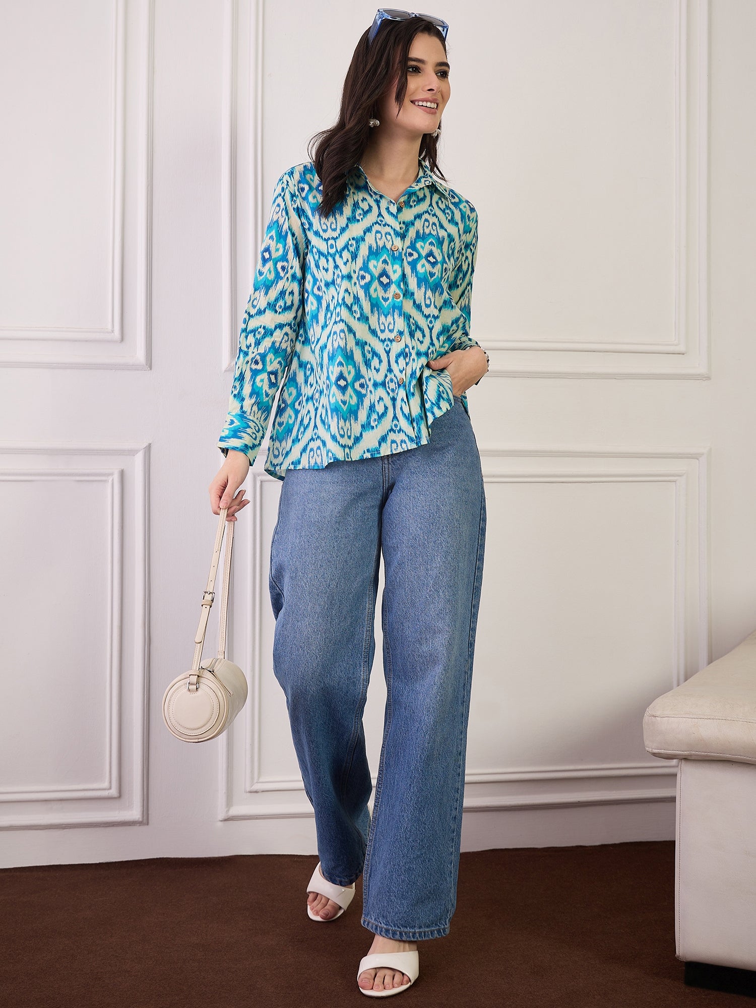 Cream Blue Ikkat Print Collar Shirt