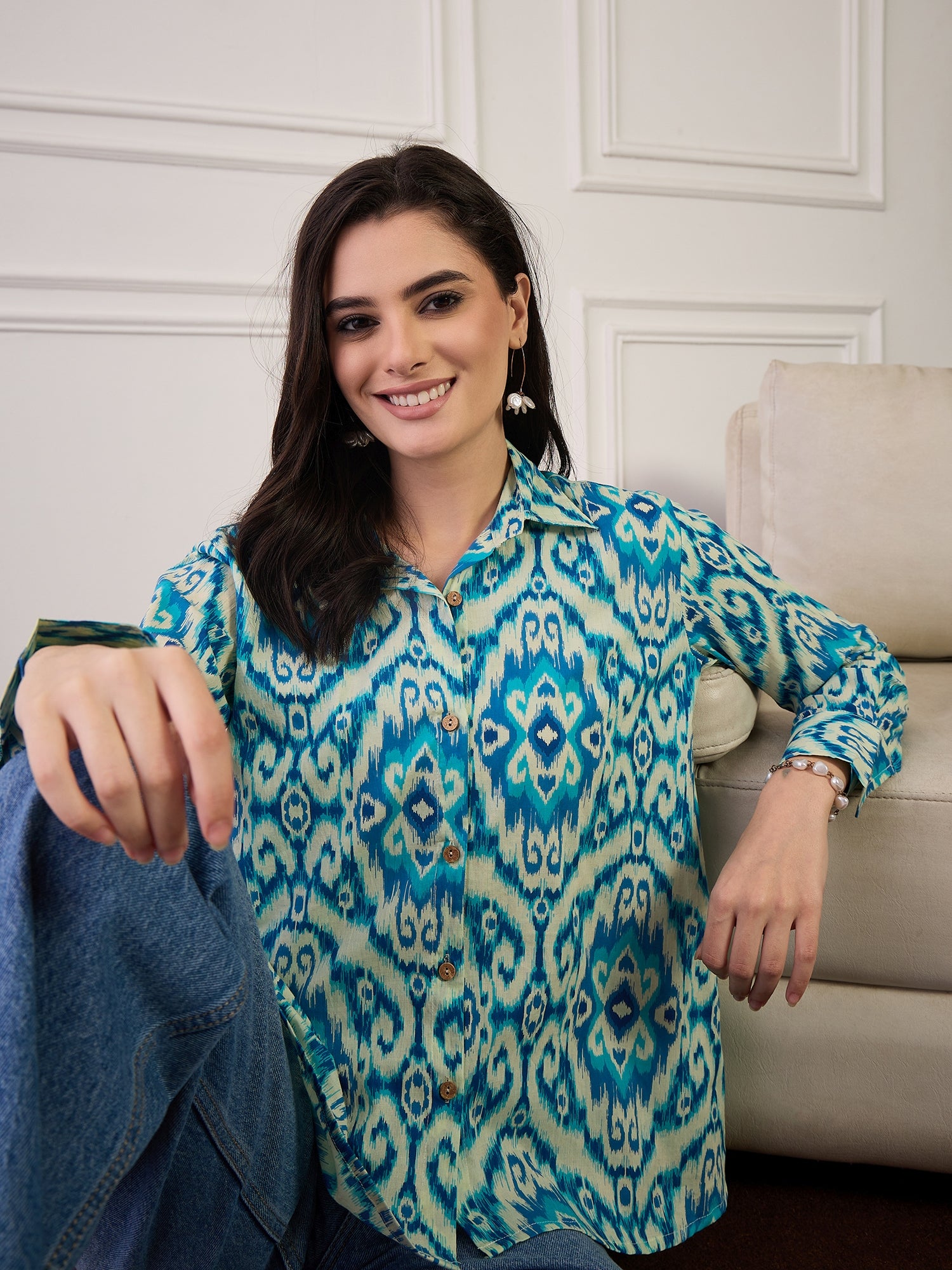 Cream Blue Ikkat Print Collar Shirt