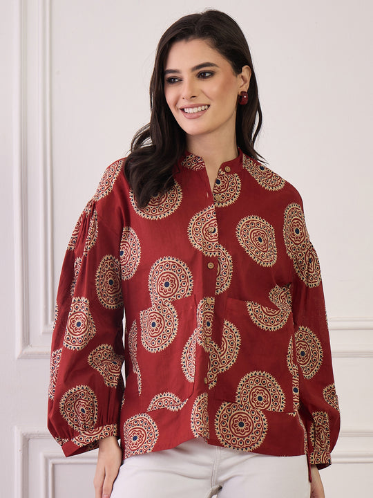Rust Geometric Circles Print Pocket Boho Shirt