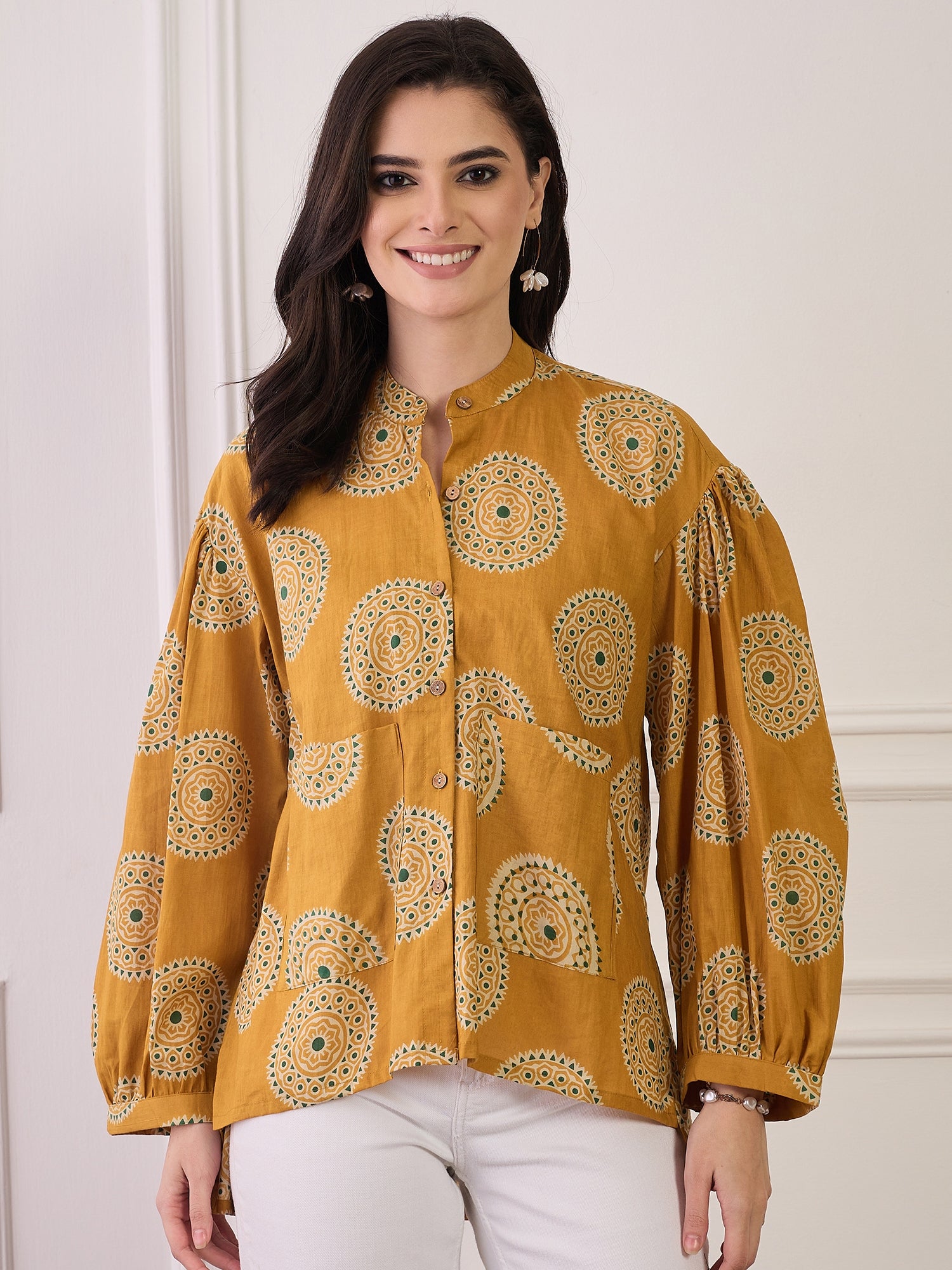 Mustard Geometric Circles Print Pocket Boho Shirt