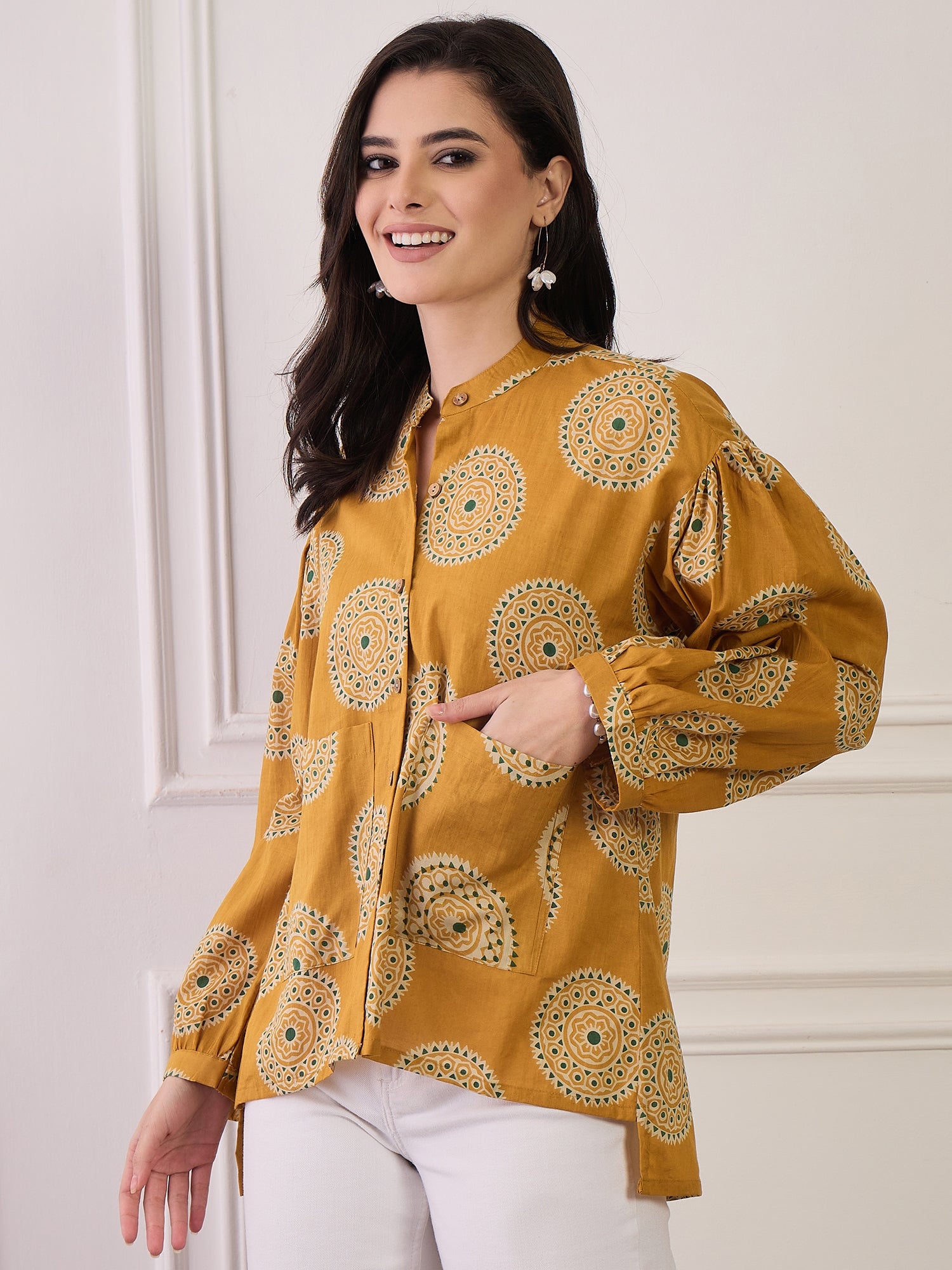 Mustard Geometric Circles Print Pocket Boho Shirt
