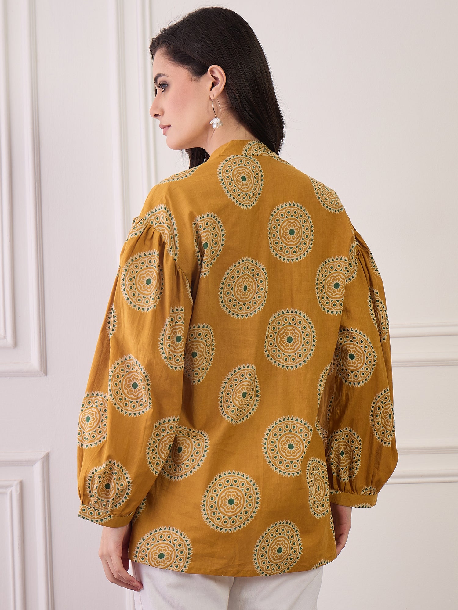 Mustard Geometric Circles Print Pocket Boho Shirt